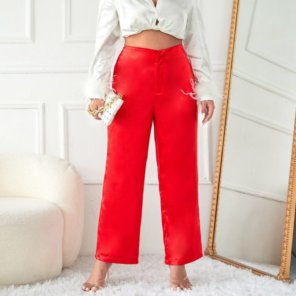 RED High Waist Satin Pants - Picture 7 of 8